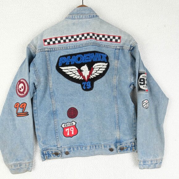 Vintage Jean Jacket Womens Medium Blue Denim Patches Racing Moto 90s - Picture 6 of 13